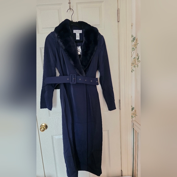 naked wardrobe Jackets & Blazers - Naked Wardrobe Faux Fur Trimmed Trench Coat- Navy Blue